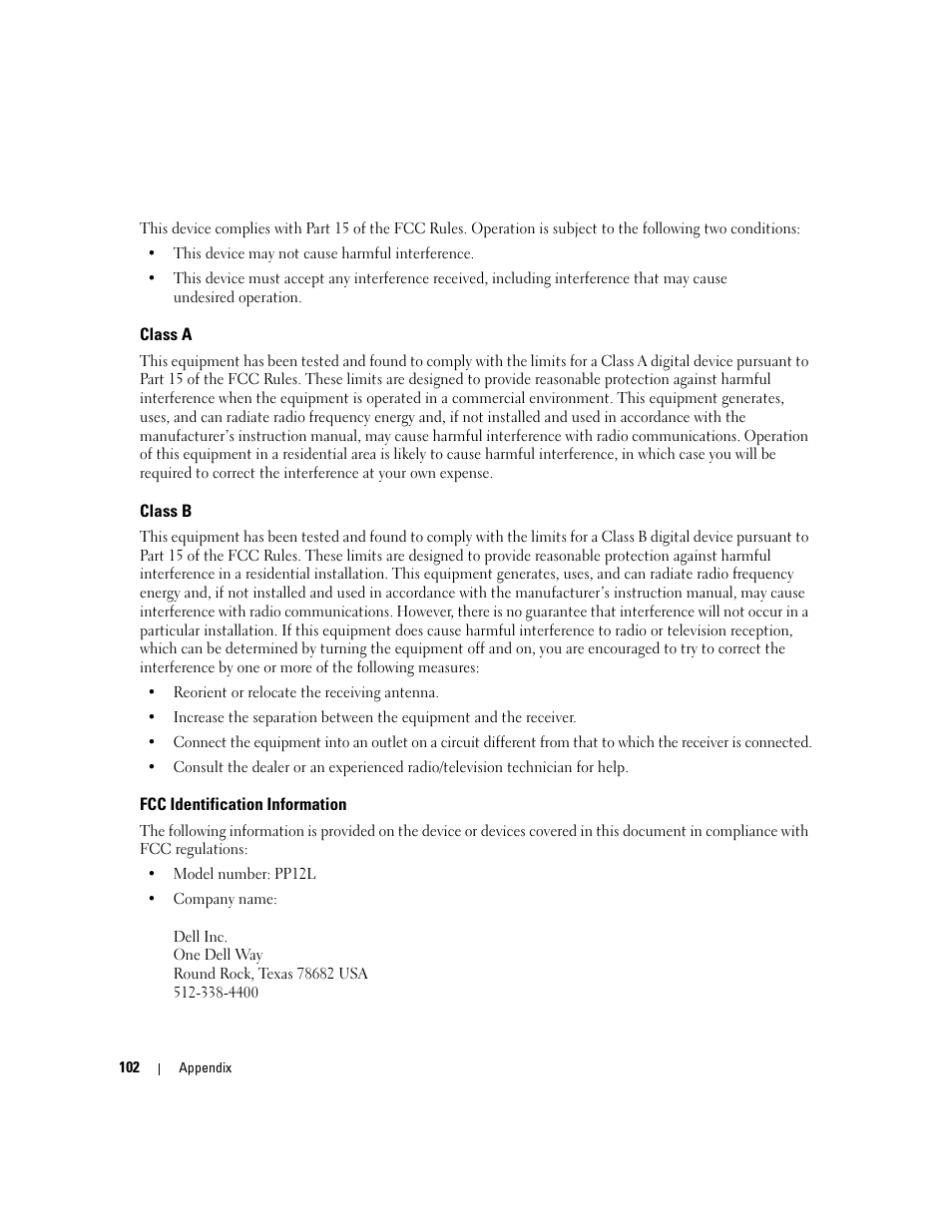 Class a, Class b, Fcc identification information | Dell Inspiron 6000 User Manual | Page 102 / 124