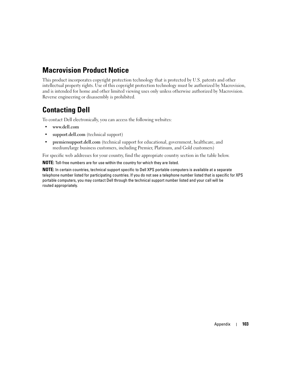 Macrovision product notice, Contacting dell | Dell Inspiron 6000 User Manual | Page 103 / 124