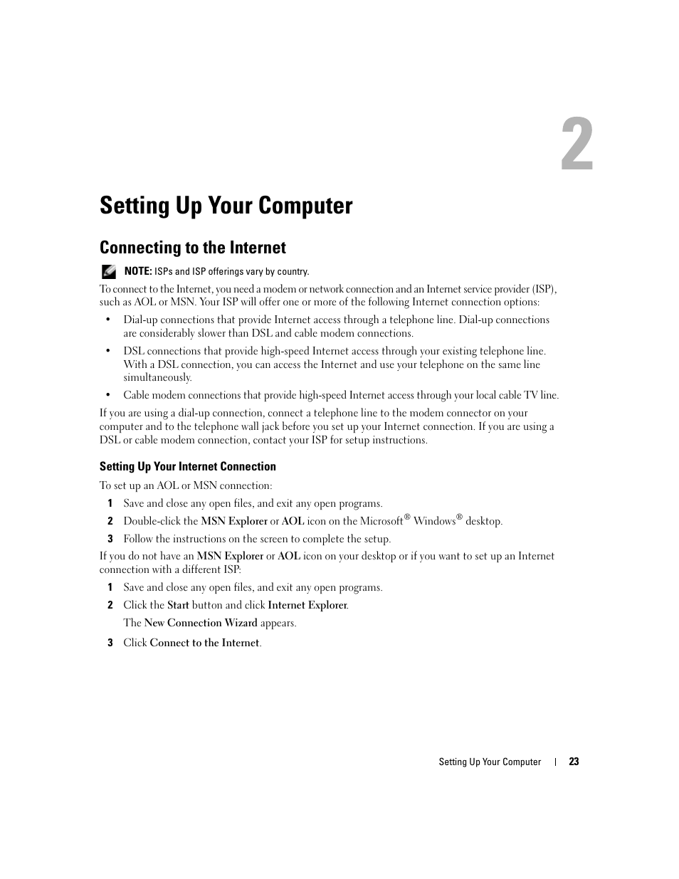 Setting up your computer, Connecting to the internet, Setting up your internet connection | Dell Inspiron 6000 User Manual | Page 23 / 124