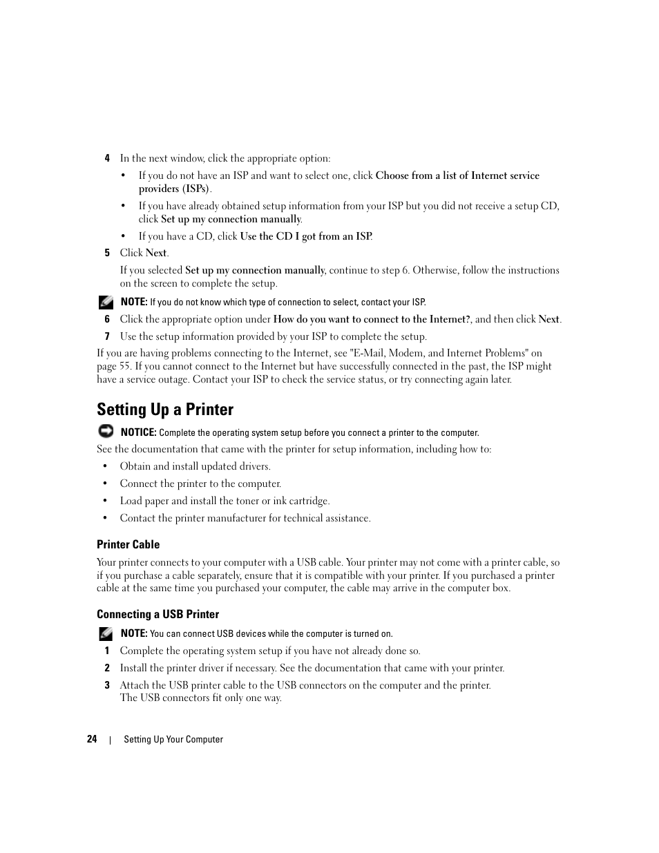 Setting up a printer, Printer cable, Connecting a usb printer | Dell Inspiron 6000 User Manual | Page 24 / 124