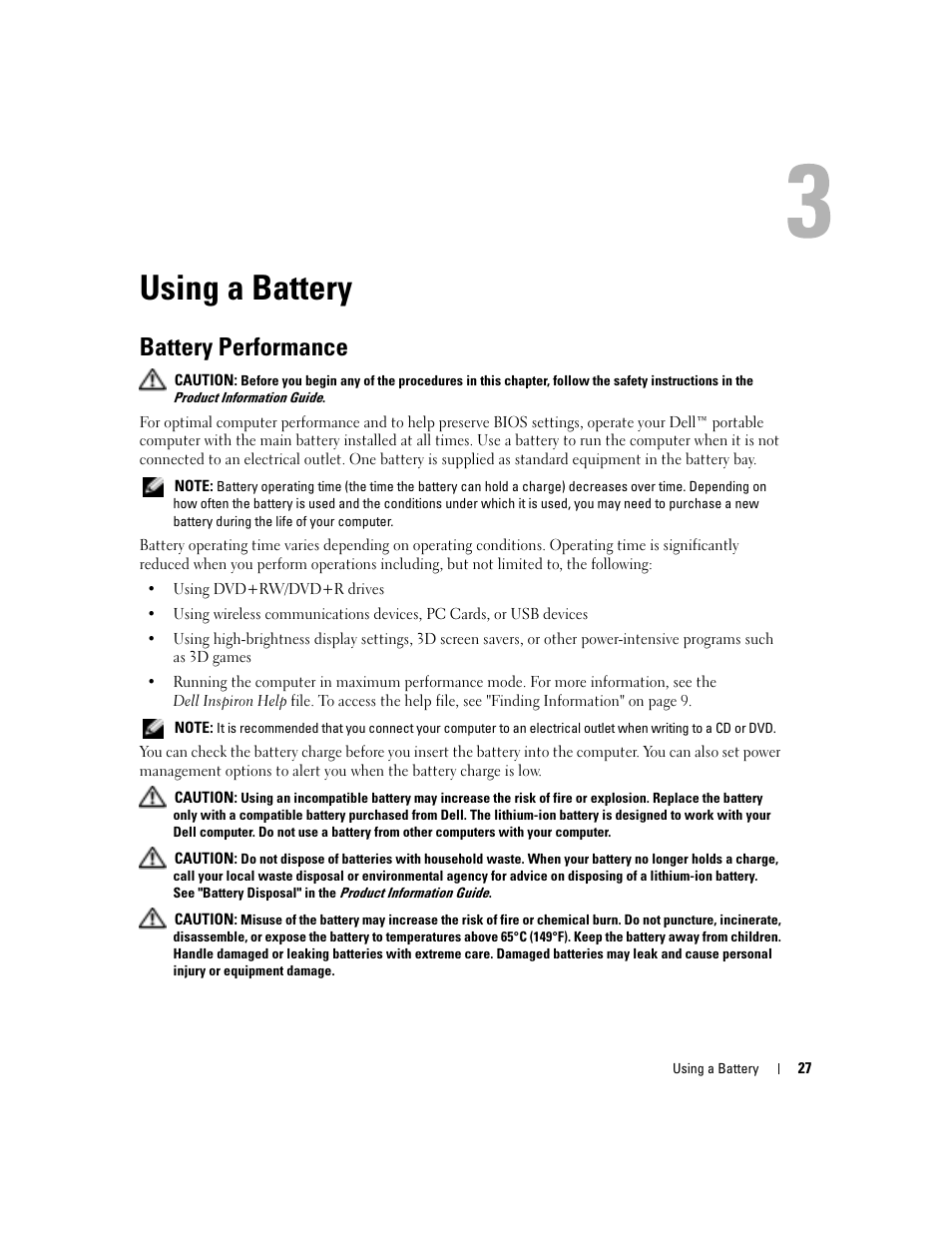 Using a battery, Battery performance, Information, see "using a | Dell Inspiron 6000 User Manual | Page 27 / 124