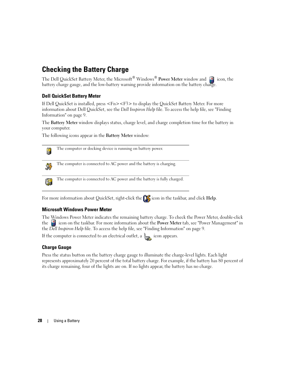 Checking the battery charge, Dell quickset battery meter, Microsoft windows power meter | Charge gauge | Dell Inspiron 6000 User Manual | Page 28 / 124