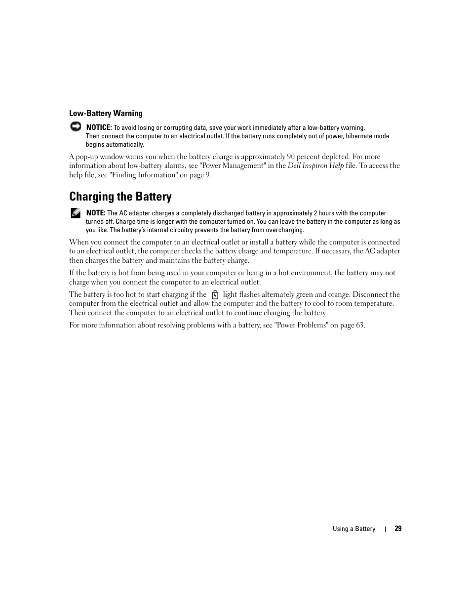 Low-battery warning, Charging the battery, Ge is low | Dell Inspiron 6000 User Manual | Page 29 / 124