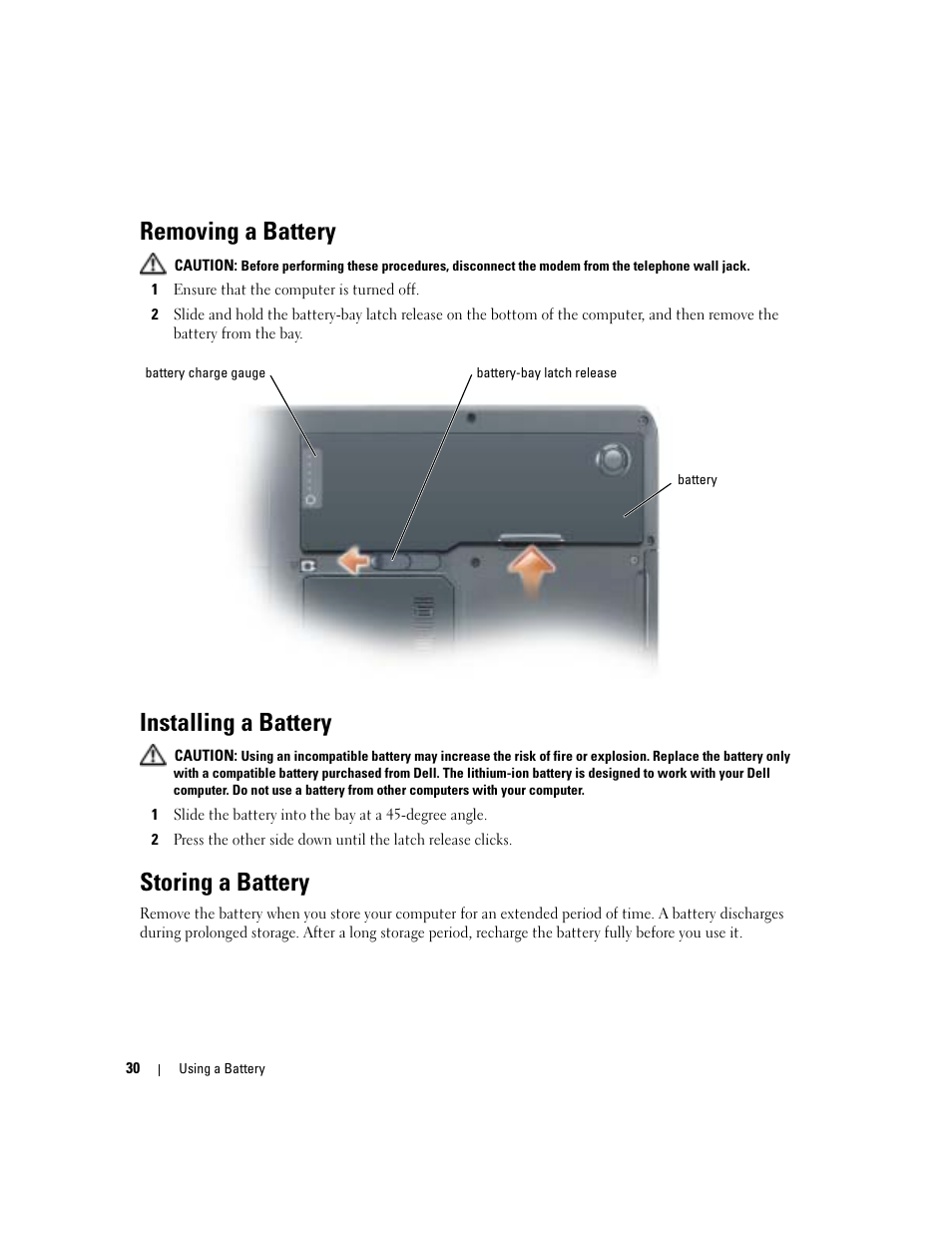Removing a battery, Installing a battery, Storing a battery | Dell Inspiron 6000 User Manual | Page 30 / 124
