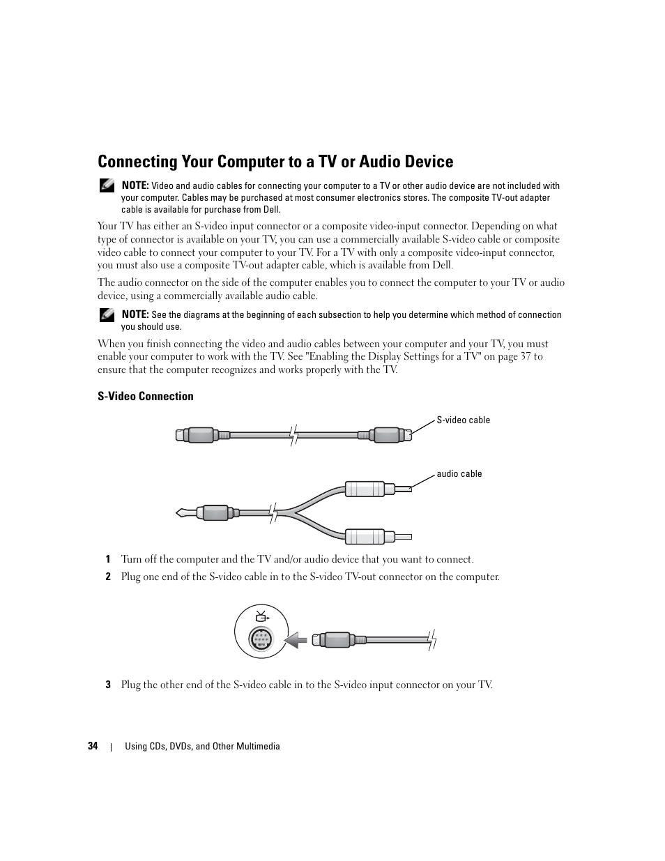 Connecting your computer to a tv or audio device, S-video connection | Dell Inspiron 6000 User Manual | Page 34 / 124