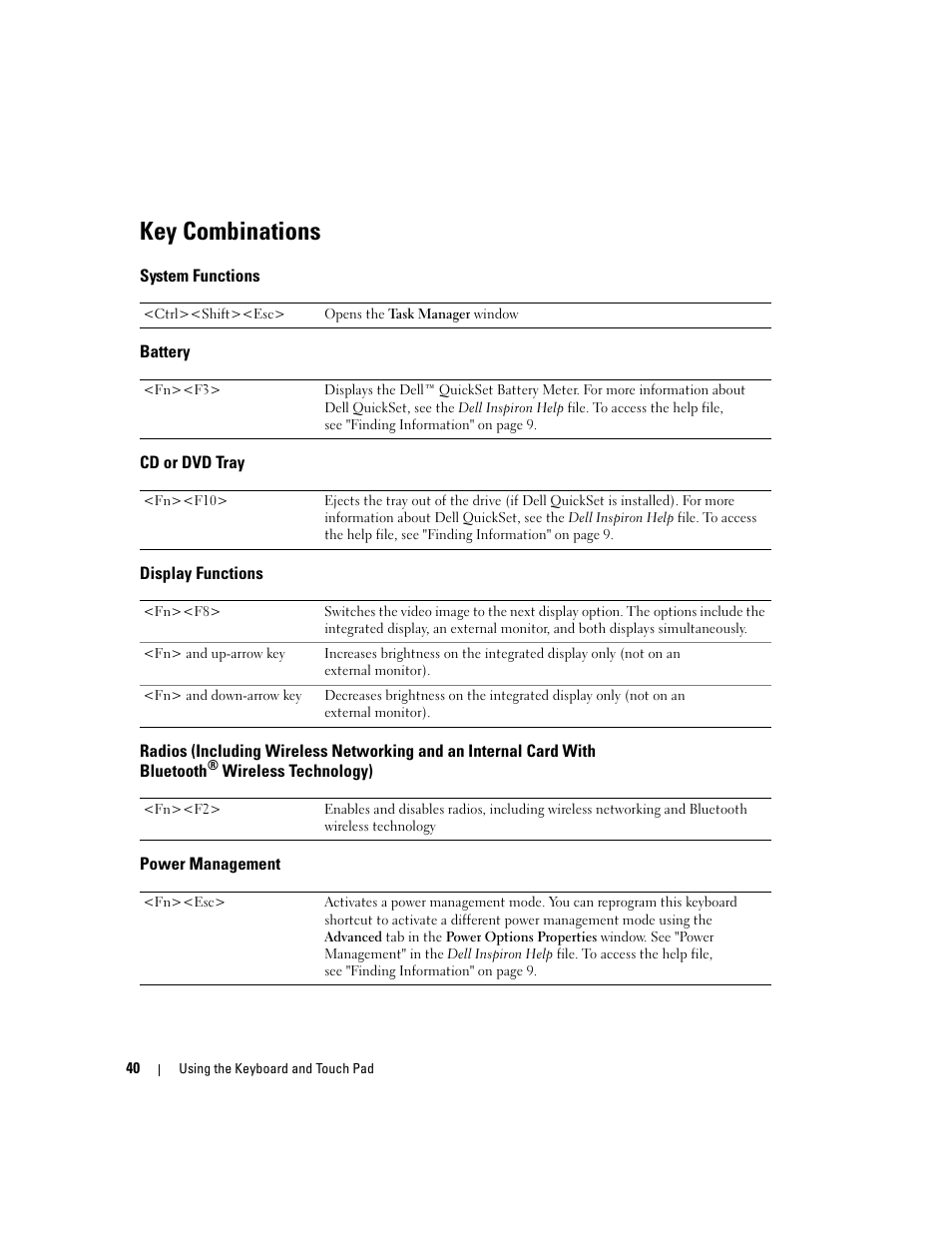 Key combinations, System functions, Battery | Cd or dvd tray, Display functions, Power management | Dell Inspiron 6000 User Manual | Page 40 / 124