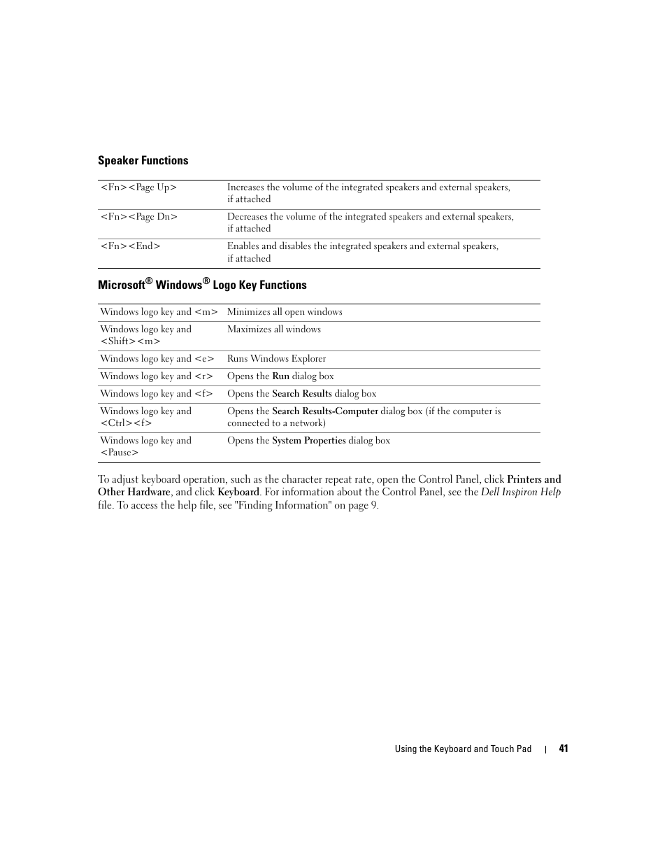 Speaker functions, Microsoft® windows® logo key functions, Microsoft | Dell Inspiron 6000 User Manual | Page 41 / 124