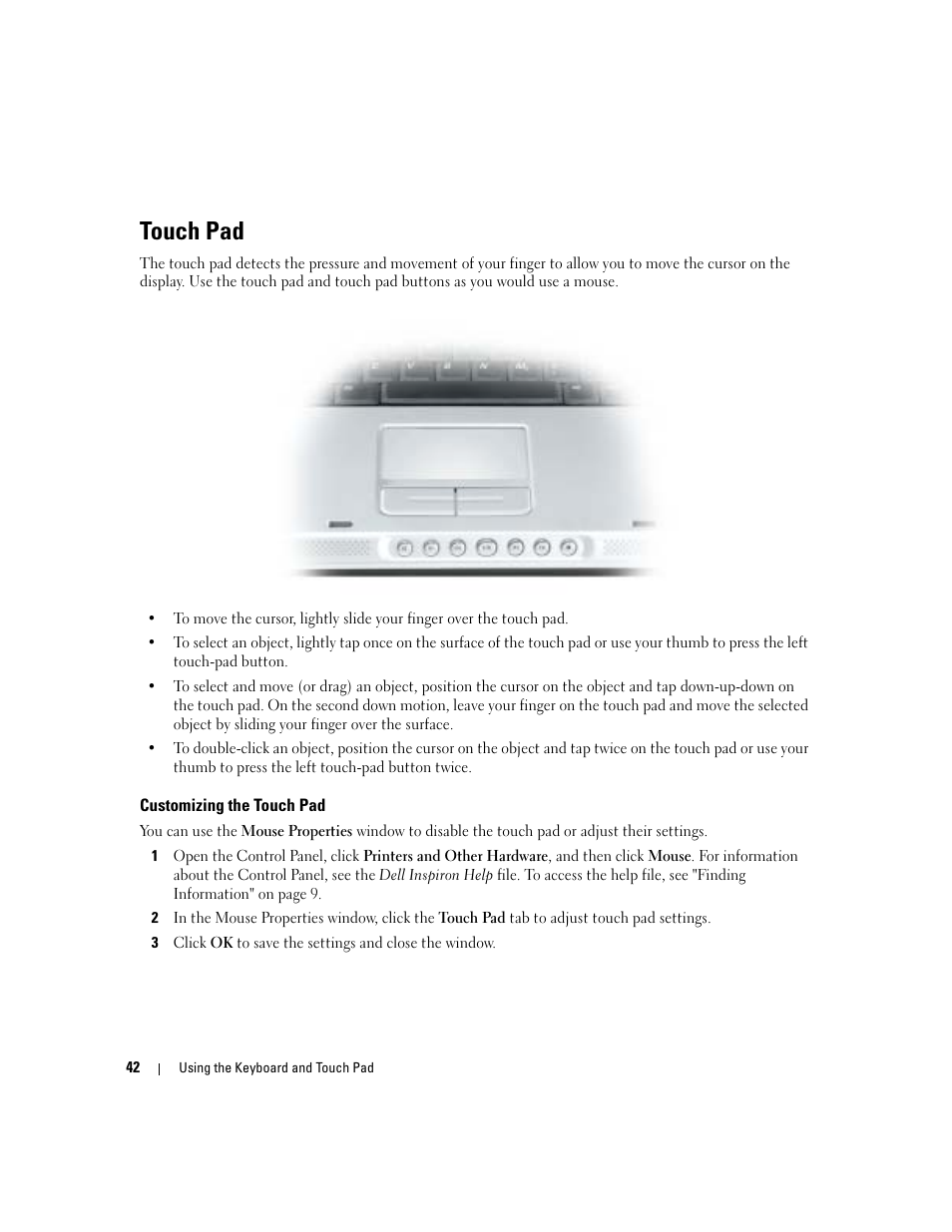 Touch pad, Customizing the touch pad | Dell Inspiron 6000 User Manual | Page 42 / 124