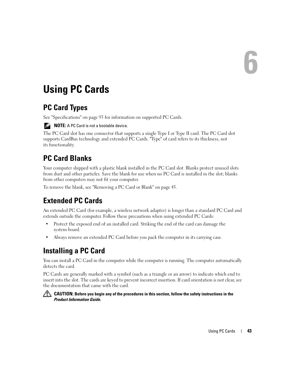 Using pc cards, Pc card types, Pc card blanks | Extended pc cards, Installing a pc card | Dell Inspiron 6000 User Manual | Page 43 / 124