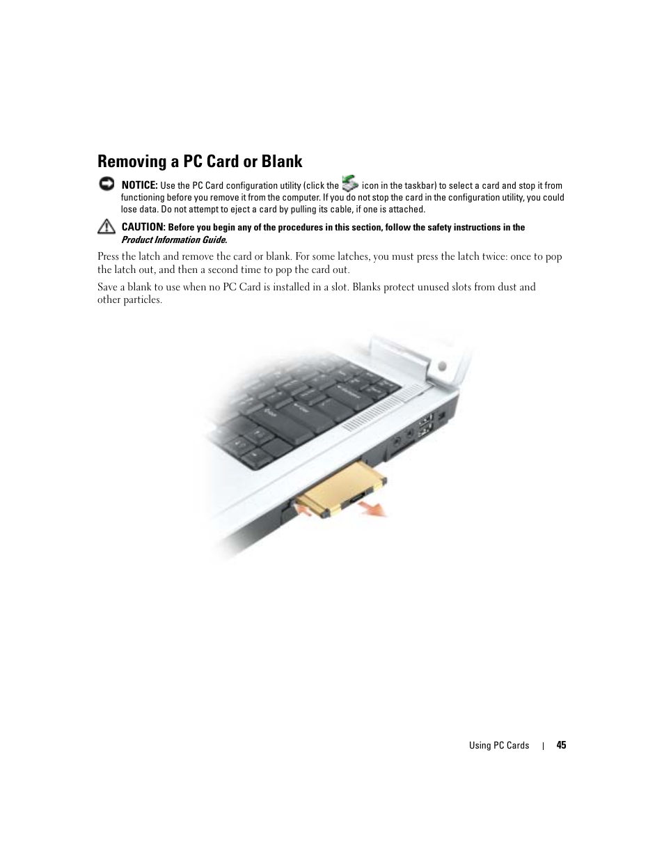 Removing a pc card or blank | Dell Inspiron 6000 User Manual | Page 45 / 124