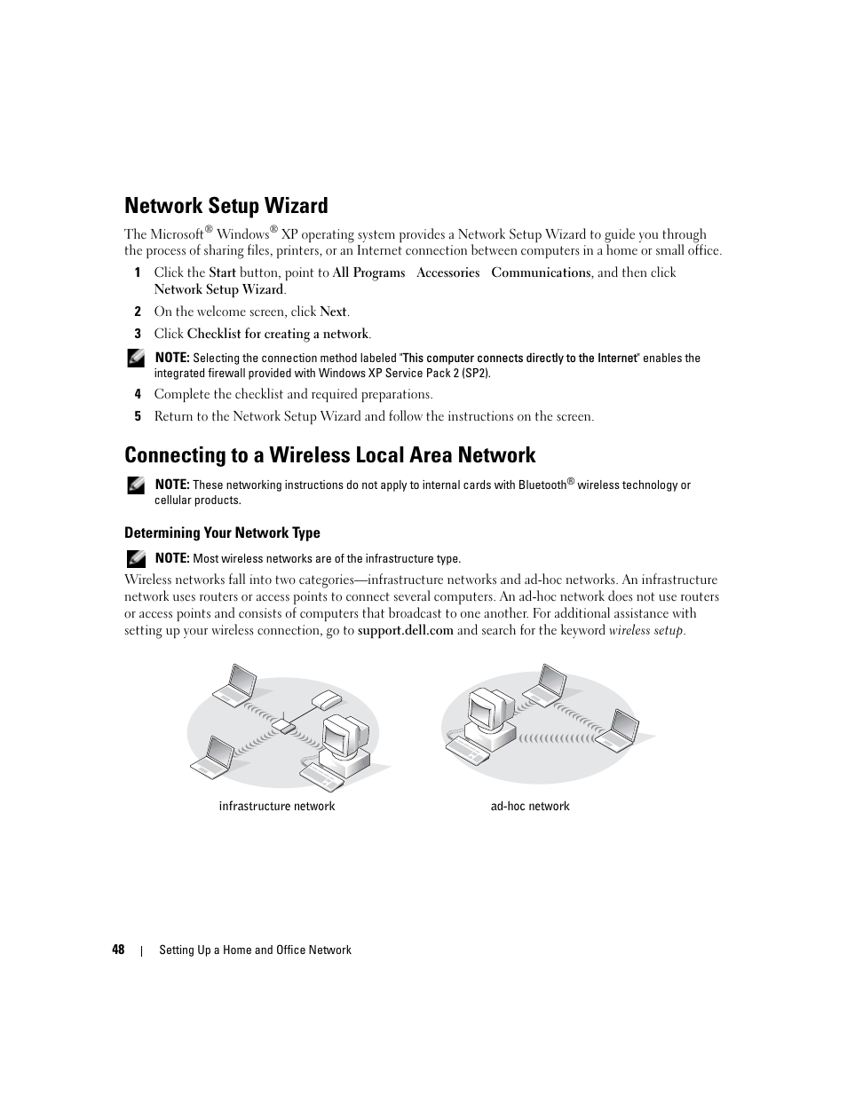 Network setup wizard, Connecting to a wireless local area network, Determining your network type | Dell Inspiron 6000 User Manual | Page 48 / 124