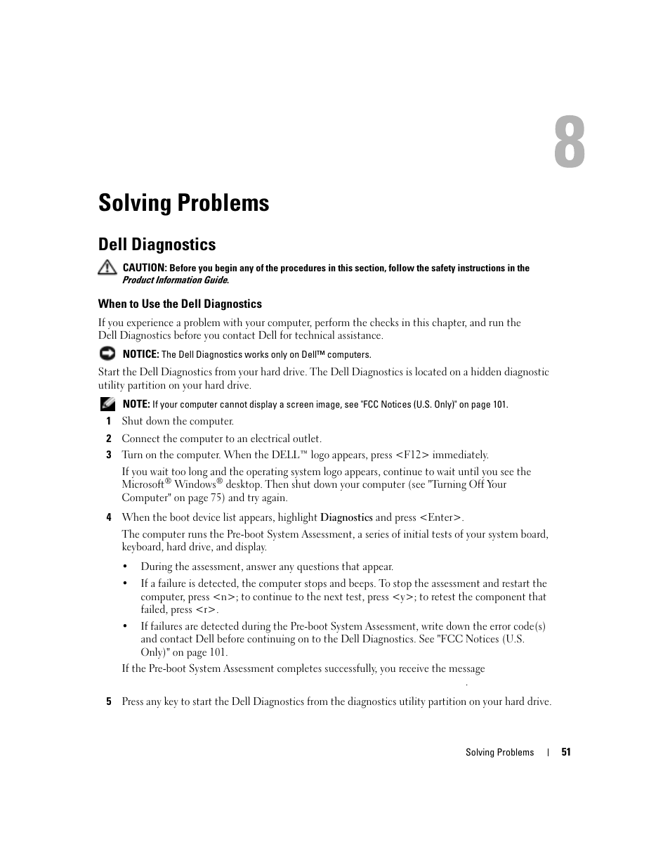 Solving problems, Dell diagnostics, When to use the dell diagnostics | Dell Inspiron 6000 User Manual | Page 51 / 124