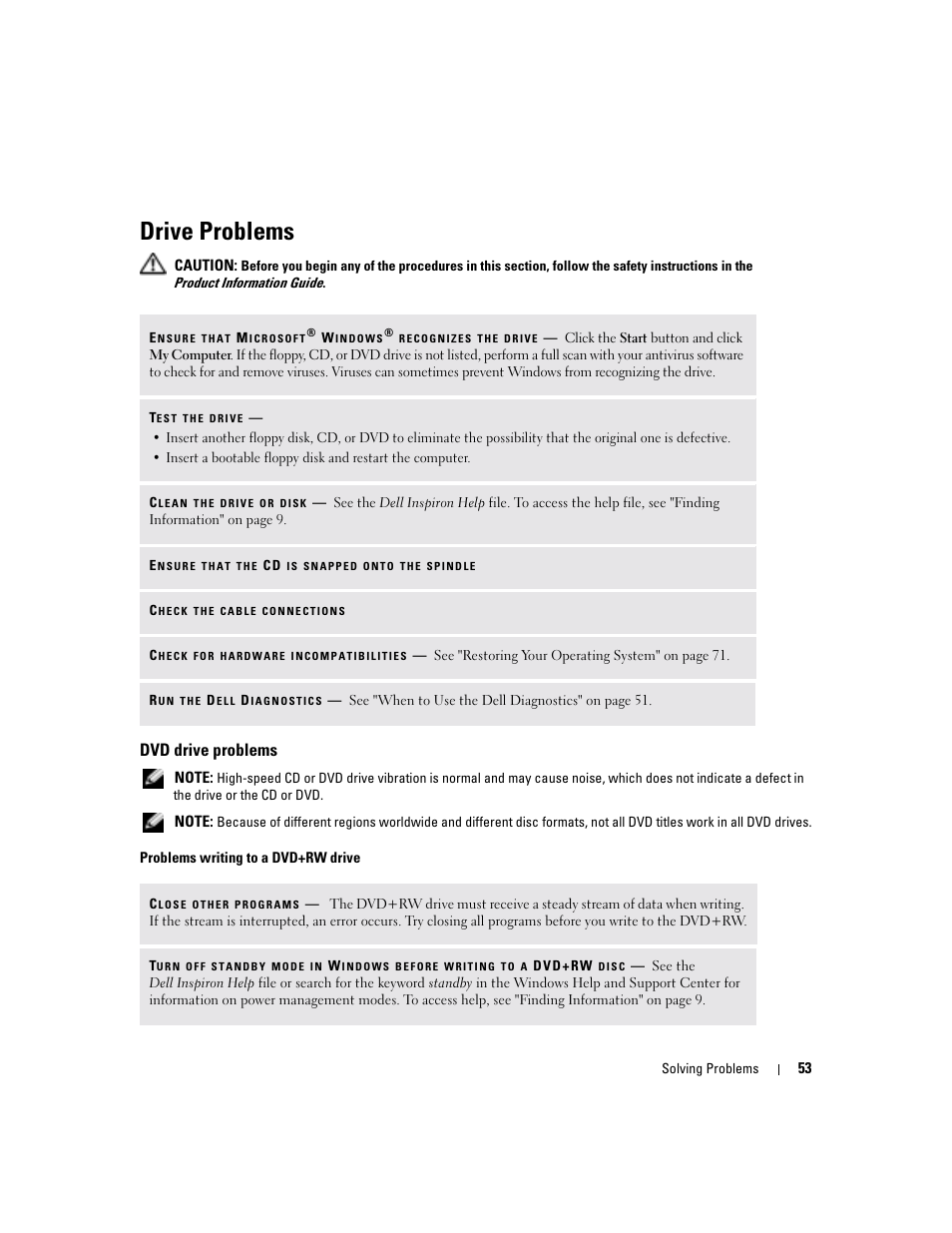 Drive problems, Dvd drive problems | Dell Inspiron 6000 User Manual | Page 53 / 124
