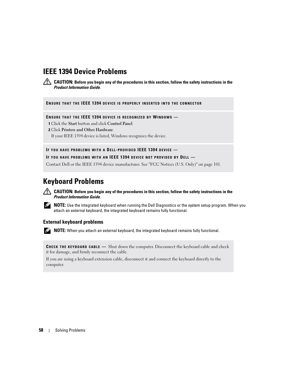 Ieee 1394 device problems, Keyboard problems, External keyboard problems | Dell Inspiron 6000 User Manual | Page 58 / 124