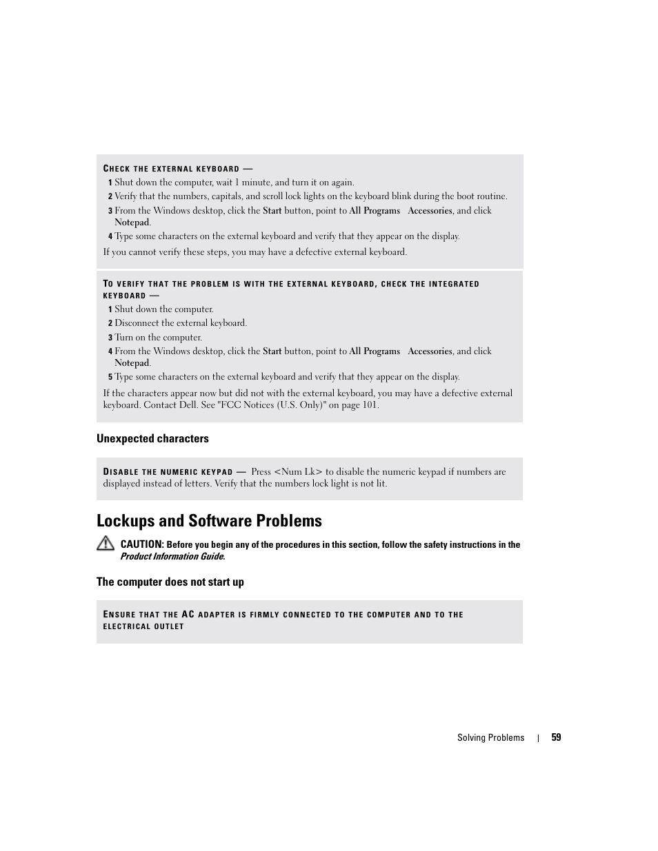 Unexpected characters, Lockups and software problems, The computer does not start up | Dell Inspiron 6000 User Manual | Page 59 / 124