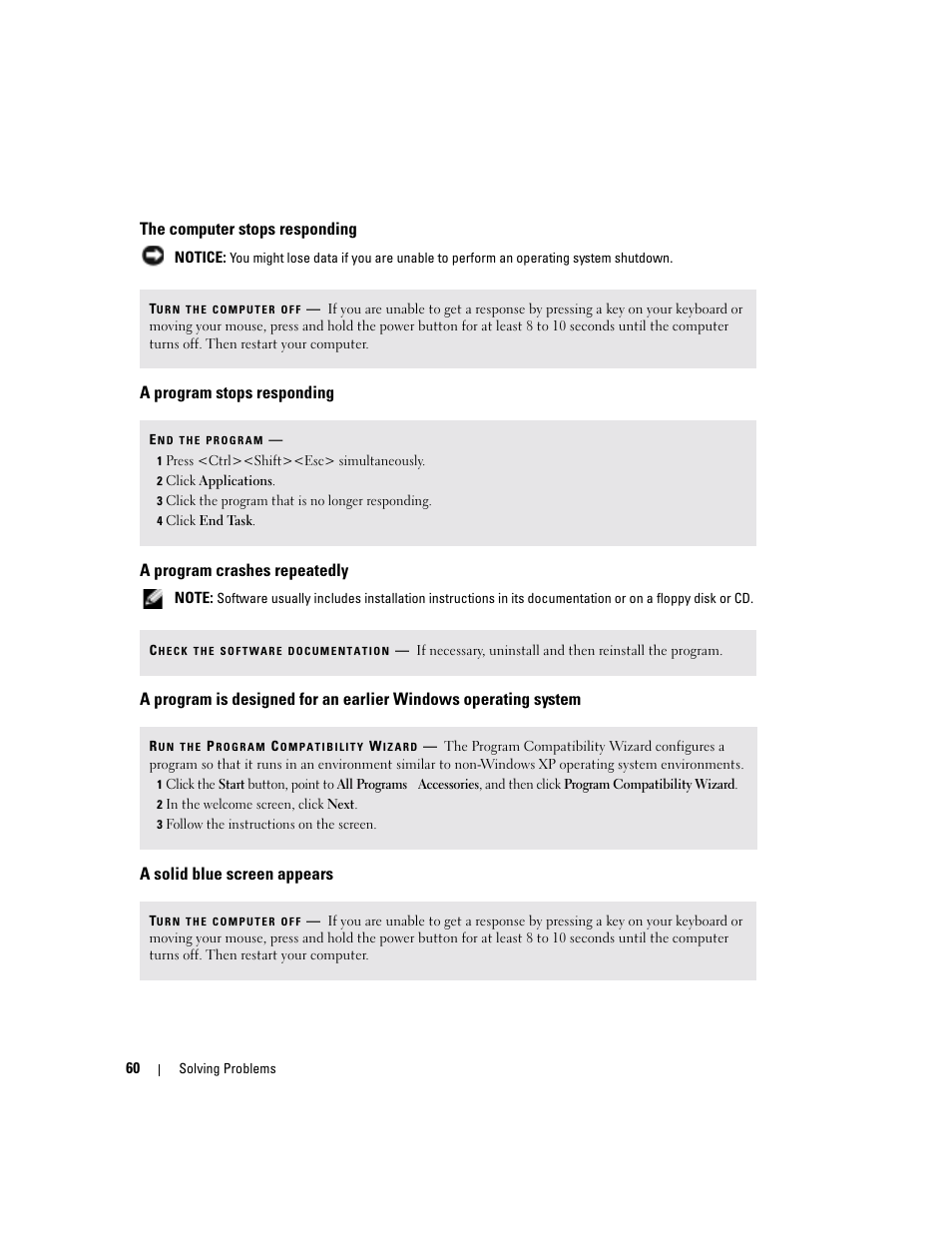 The computer stops responding, A program stops responding, A program crashes repeatedly | A solid blue screen appears | Dell Inspiron 6000 User Manual | Page 60 / 124