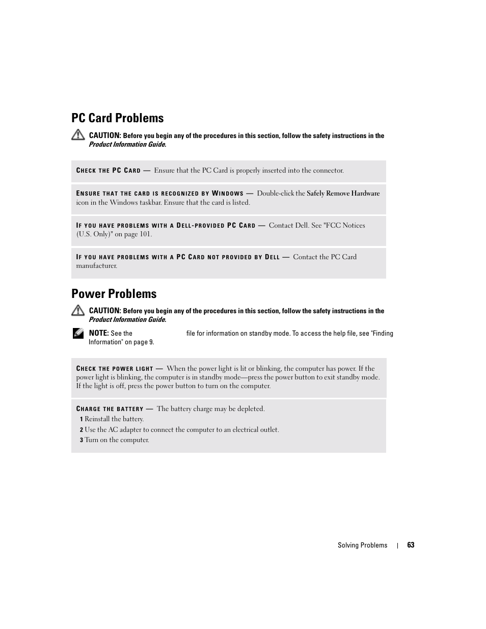 Pc card problems, Power problems | Dell Inspiron 6000 User Manual | Page 63 / 124