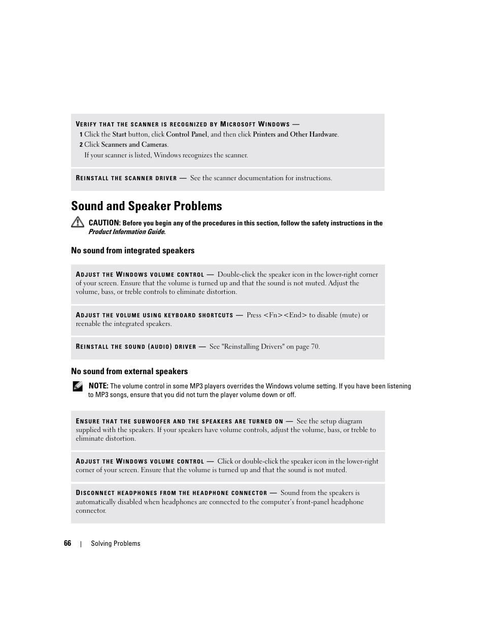 Sound and speaker problems, No sound from integrated speakers, No sound from external speakers | Dell Inspiron 6000 User Manual | Page 66 / 124