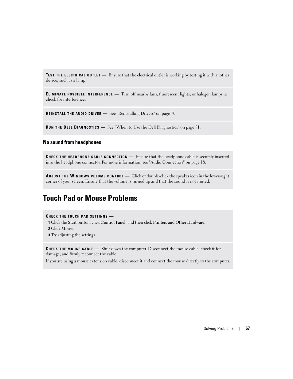 No sound from headphones, Touch pad or mouse problems | Dell Inspiron 6000 User Manual | Page 67 / 124