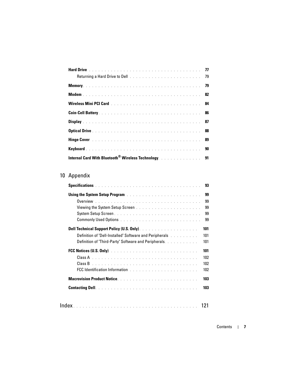 10 appendix, Index | Dell Inspiron 6000 User Manual | Page 7 / 124