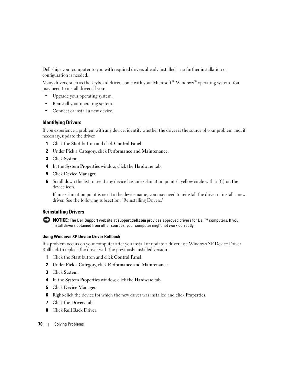 Identifying drivers, Reinstalling drivers | Dell Inspiron 6000 User Manual | Page 70 / 124