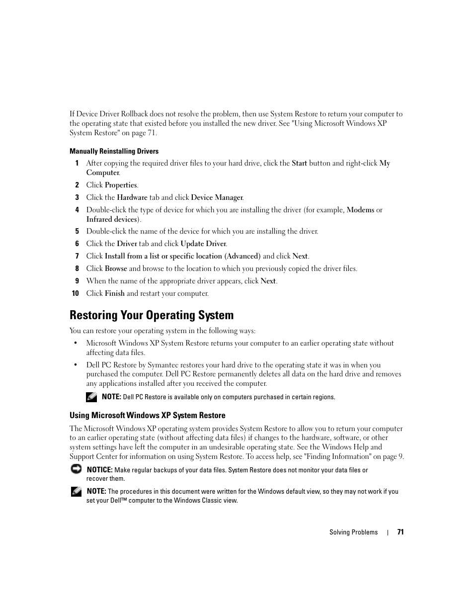 Restoring your operating system, Using microsoft windows xp system restore, Using microsoft | Dell Inspiron 6000 User Manual | Page 71 / 124