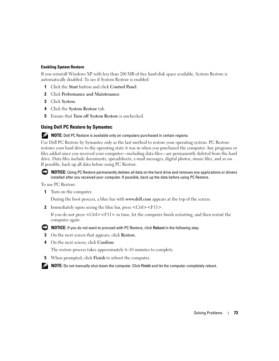 Using dell pc restore by symantec | Dell Inspiron 6000 User Manual | Page 73 / 124