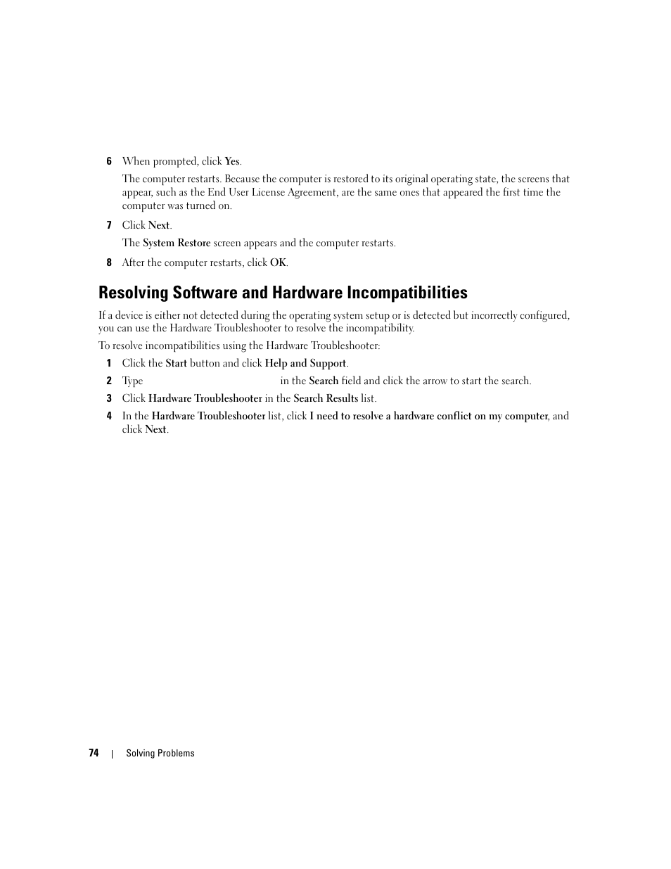 Resolving software and hardware incompatibilities | Dell Inspiron 6000 User Manual | Page 74 / 124
