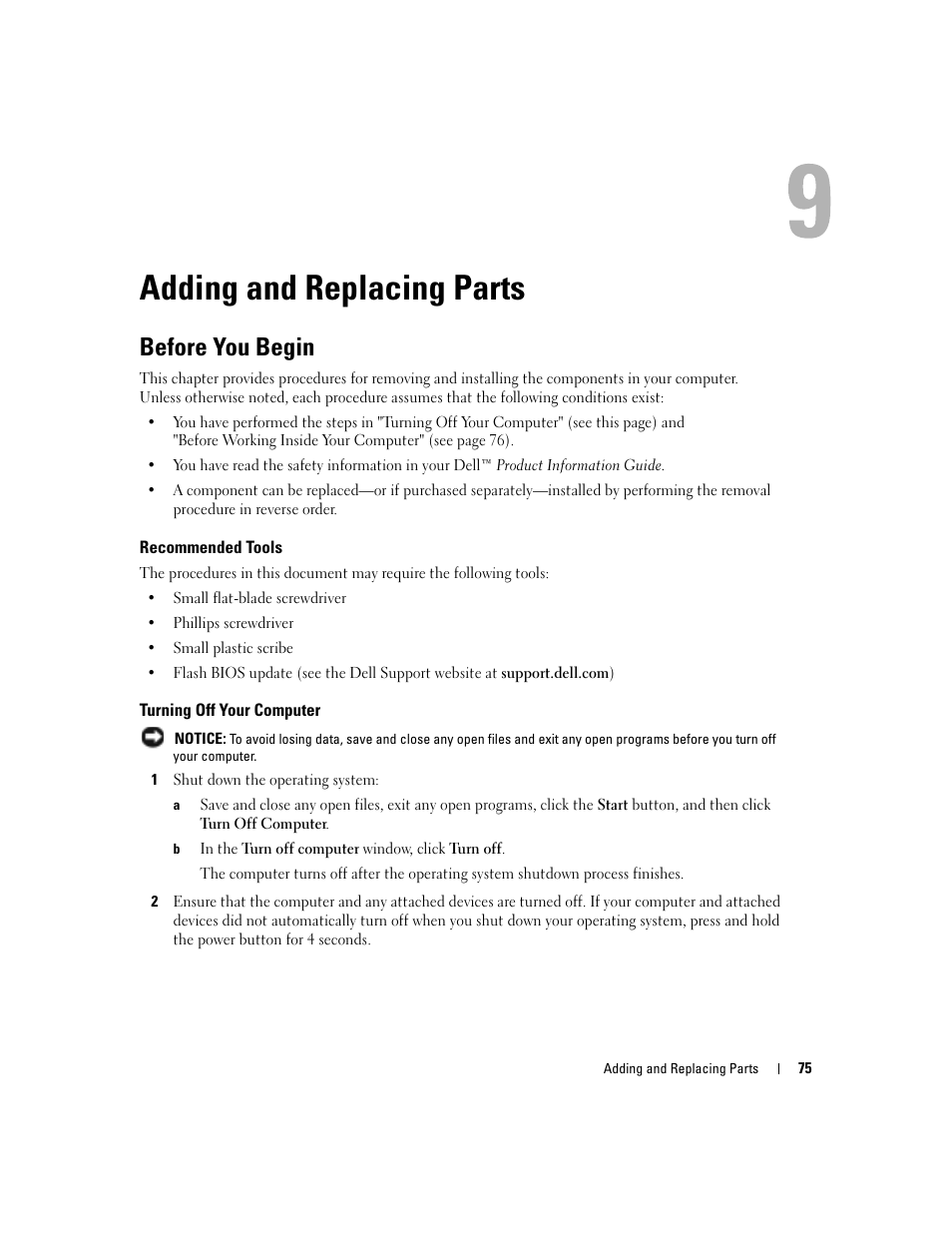 Adding and replacing parts, Before you begin, Recommended tools | Turning off your computer | Dell Inspiron 6000 User Manual | Page 75 / 124