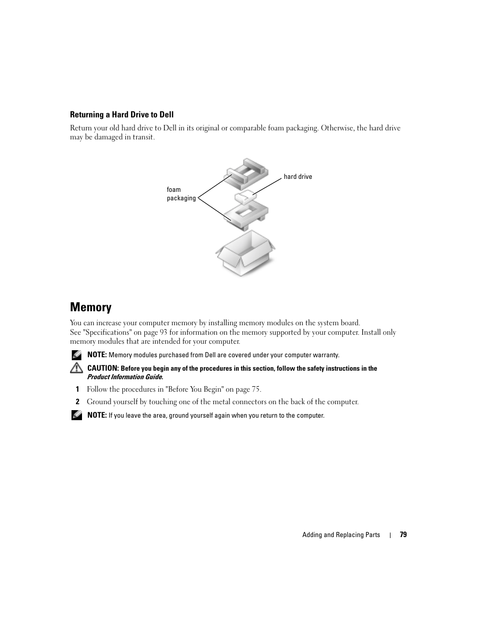 Returning a hard drive to dell, Memory | Dell Inspiron 6000 User Manual | Page 79 / 124
