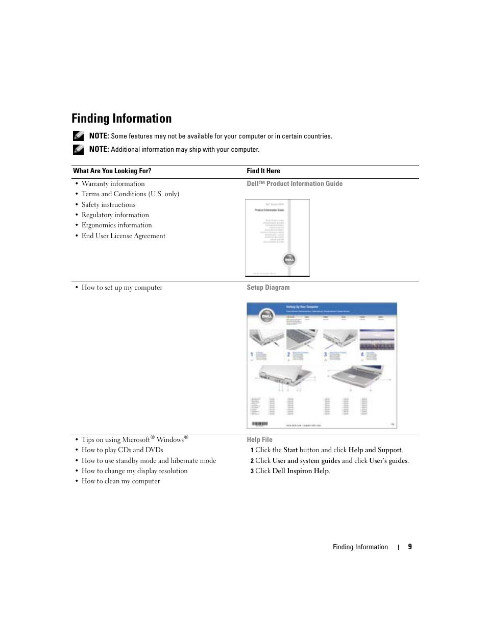 Finding information | Dell Inspiron 6000 User Manual | Page 9 / 124