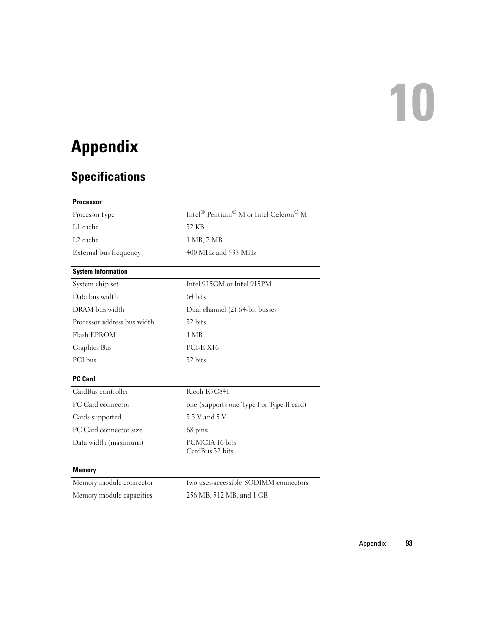 Appendix, Specifications, 10 appendix | Dell Inspiron 6000 User Manual | Page 93 / 124