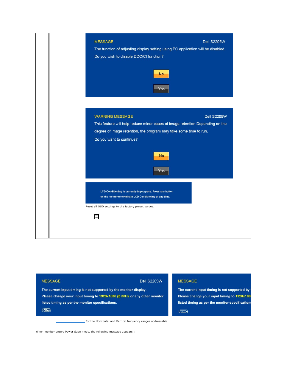 Osd warning messages | Dell S2209WFP Monitor User Manual | Page 20 / 30