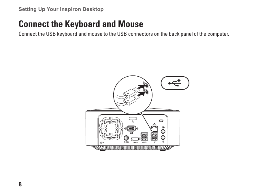 Connect the keyboard and mouse | Dell Inspiron Zino HD (410, Mid 2010) User Manual | Page 10 / 80