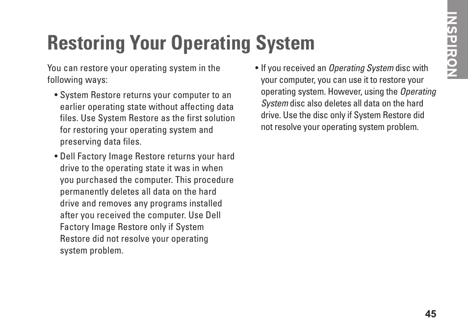 Restoring your operating system, Inspiron | Dell Inspiron Zino HD (410, Mid 2010) User Manual | Page 47 / 80