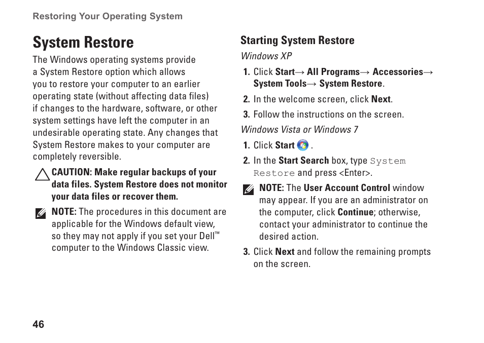 System restore | Dell Inspiron Zino HD (410, Mid 2010) User Manual | Page 48 / 80