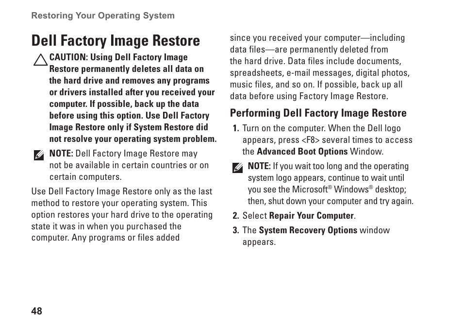 Dell factory image restore | Dell Inspiron Zino HD (410, Mid 2010) User Manual | Page 50 / 80