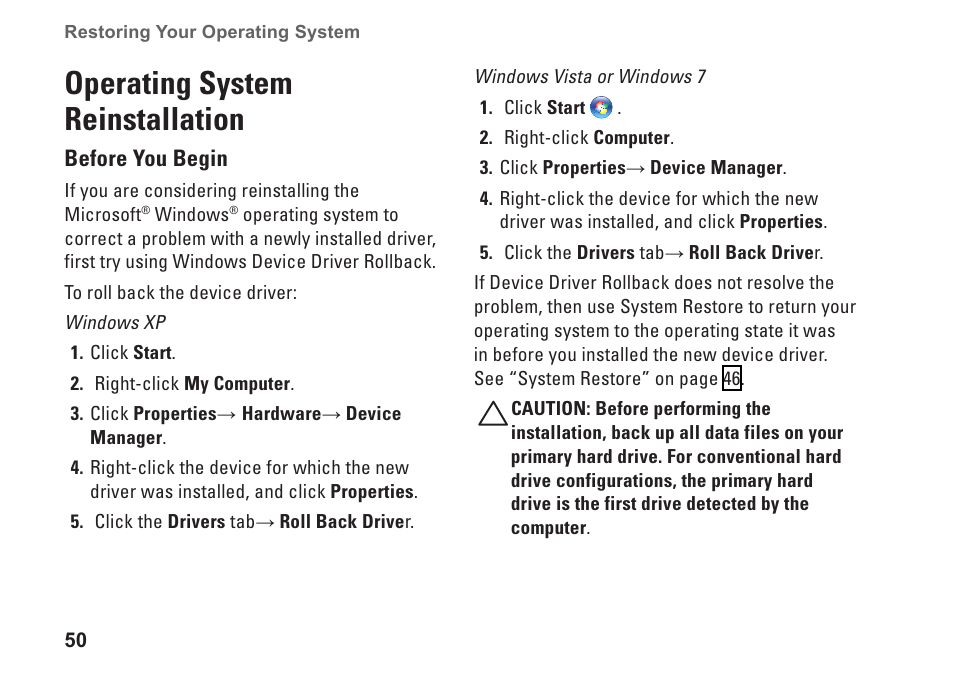 Operating system reinstallation | Dell Inspiron Zino HD (410, Mid 2010) User Manual | Page 52 / 80