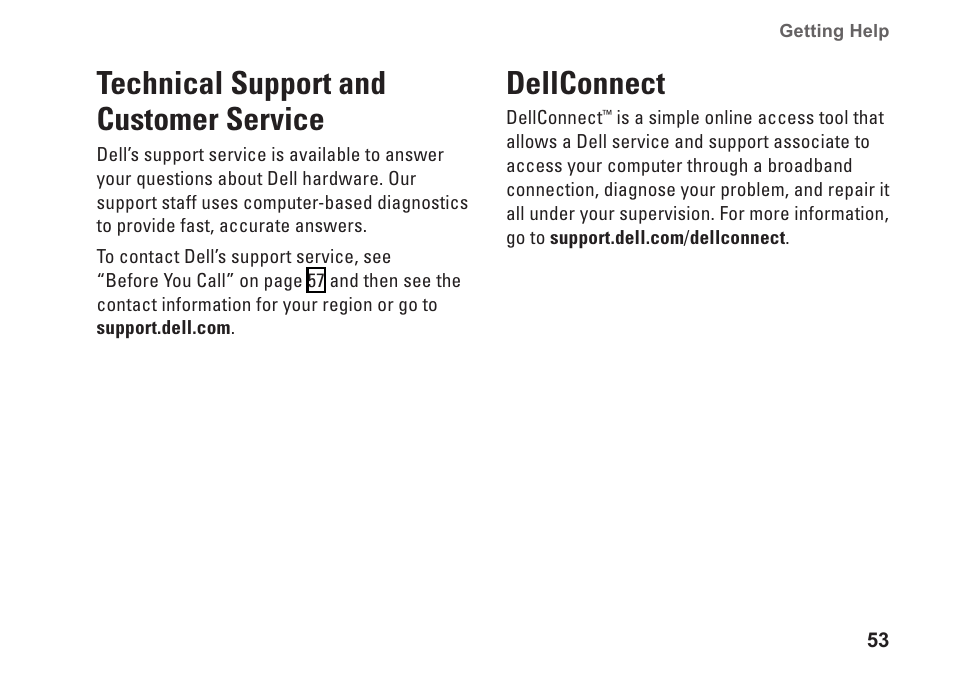 Technical support and customer service, Dellconnect, Technical support and customer | Service dellconnect | Dell Inspiron Zino HD (410, Mid 2010) User Manual | Page 55 / 80