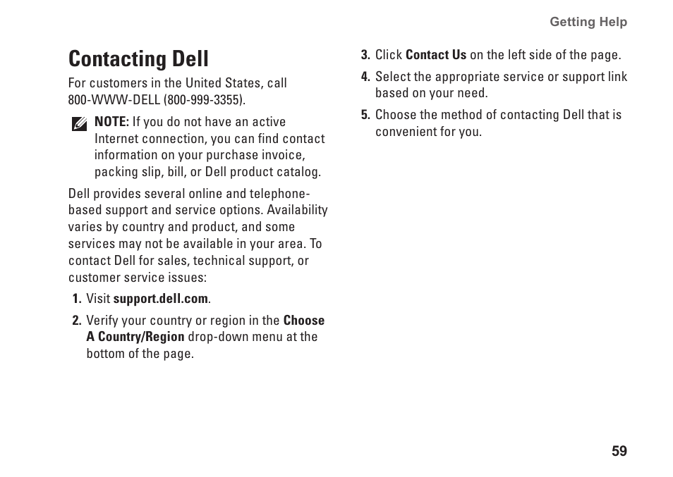 Contacting dell, 59) for | Dell Inspiron Zino HD (410, Mid 2010) User Manual | Page 61 / 80