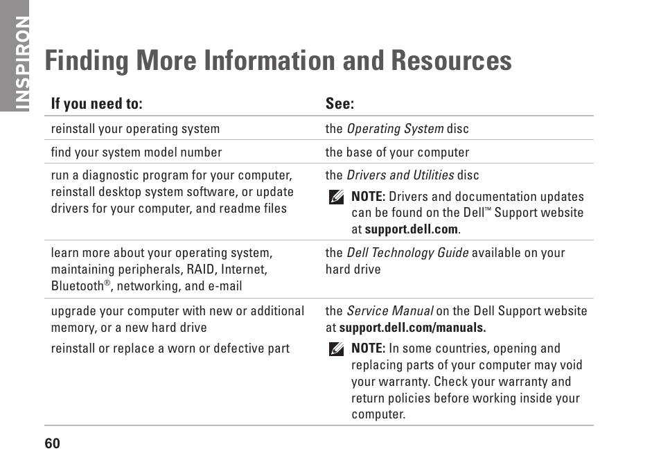 Finding more information and resources, Finding more information and, Resources | Inspiron | Dell Inspiron Zino HD (410, Mid 2010) User Manual | Page 62 / 80