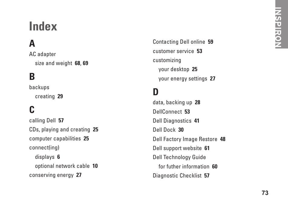 Index, Inspiron | Dell Inspiron Zino HD (410, Mid 2010) User Manual | Page 75 / 80