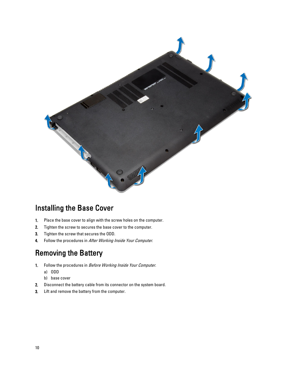 Installing the base cover, Removing the battery | Dell Vostro 5560 (Early 2013) User Manual | Page 10 / 43