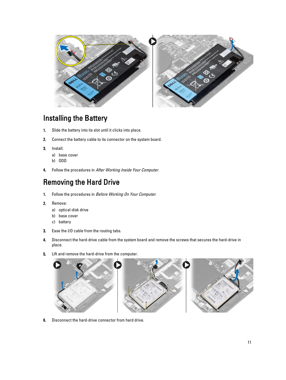 Installing the battery, Removing the hard drive | Dell Vostro 5560 (Early 2013) User Manual | Page 11 / 43