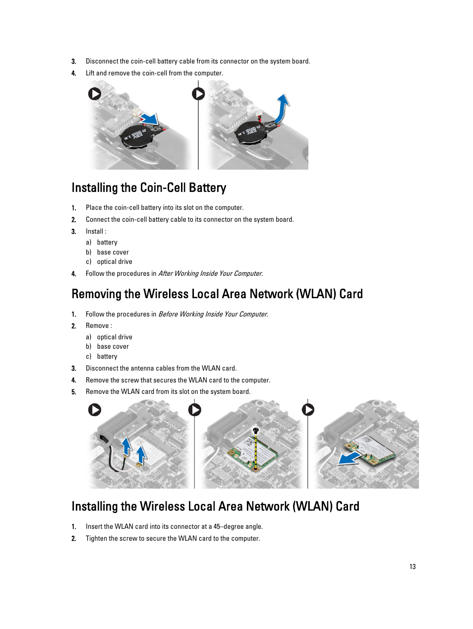Installing the coin-cell battery | Dell Vostro 5560 (Early 2013) User Manual | Page 13 / 43