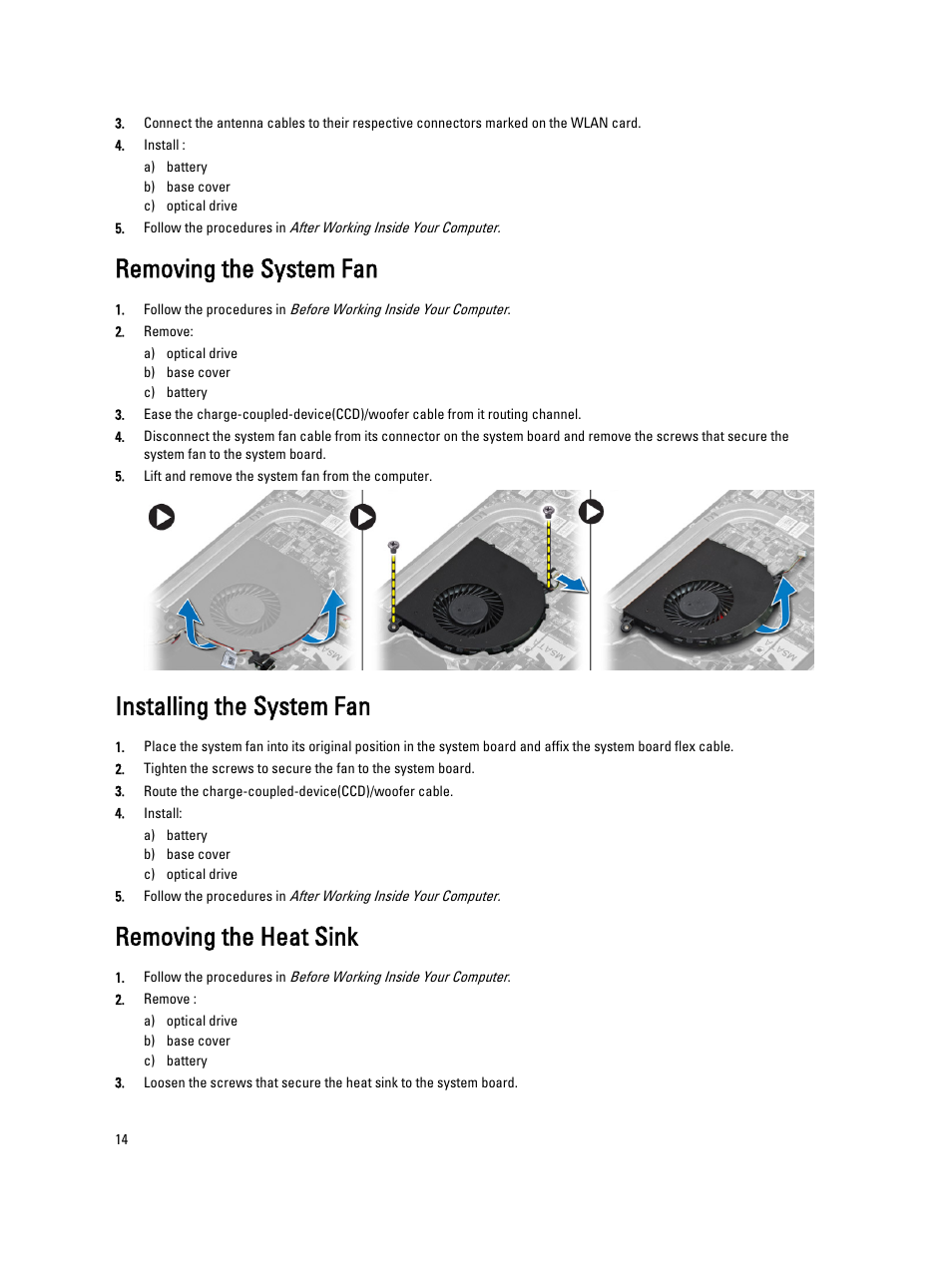 Removing the system fan, Installing the system fan, Removing the heat sink | Dell Vostro 5560 (Early 2013) User Manual | Page 14 / 43