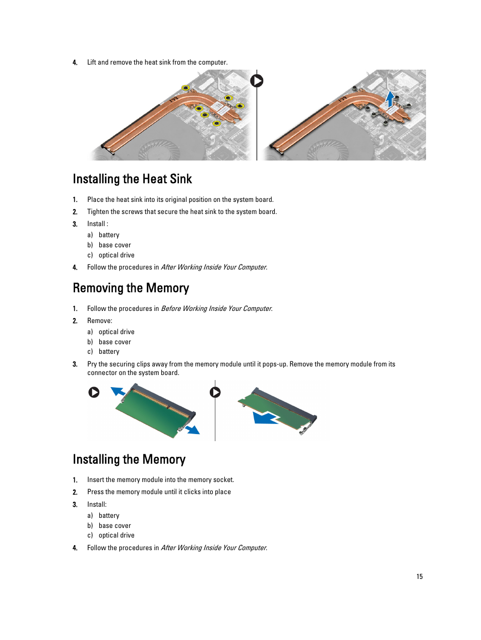 Installing the heat sink, Removing the memory, Installing the memory | Dell Vostro 5560 (Early 2013) User Manual | Page 15 / 43