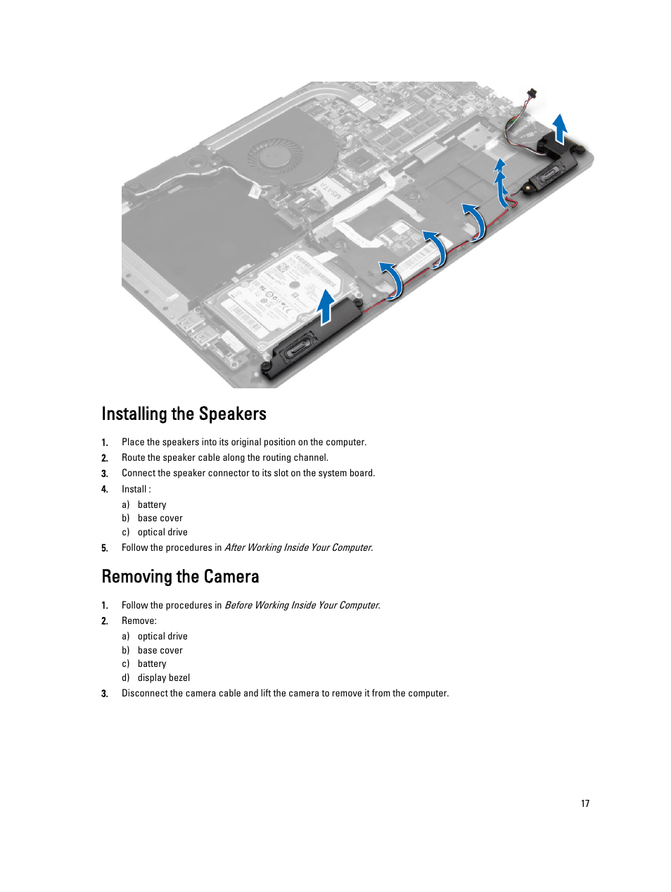 Installing the speakers, Removing the camera | Dell Vostro 5560 (Early 2013) User Manual | Page 17 / 43