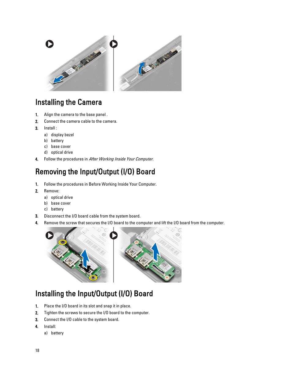 Installing the camera, Removing the input/output (i/o) board, Installing the input/output (i/o) board | Dell Vostro 5560 (Early 2013) User Manual | Page 18 / 43