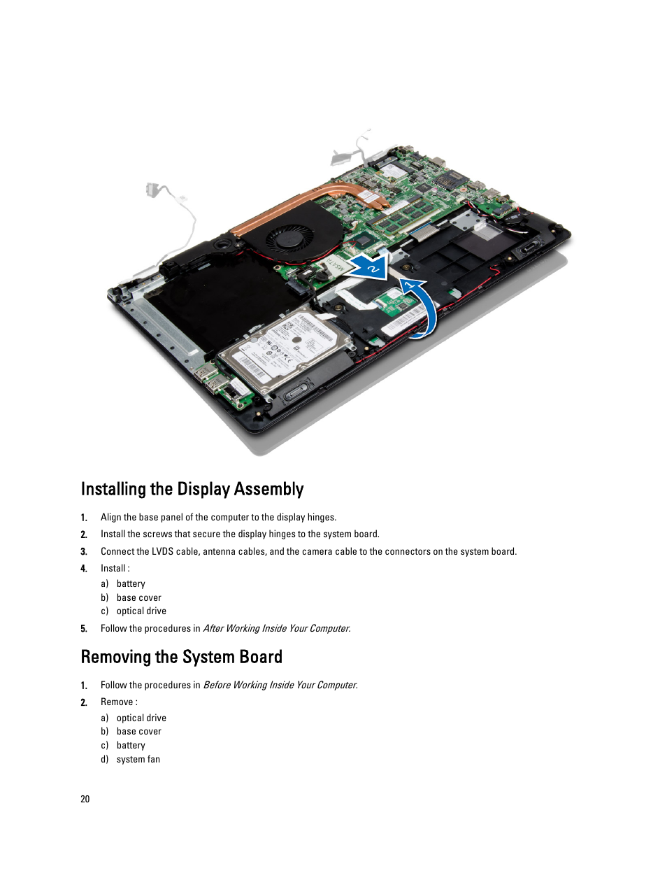 Installing the display assembly, Removing the system board | Dell Vostro 5560 (Early 2013) User Manual | Page 20 / 43